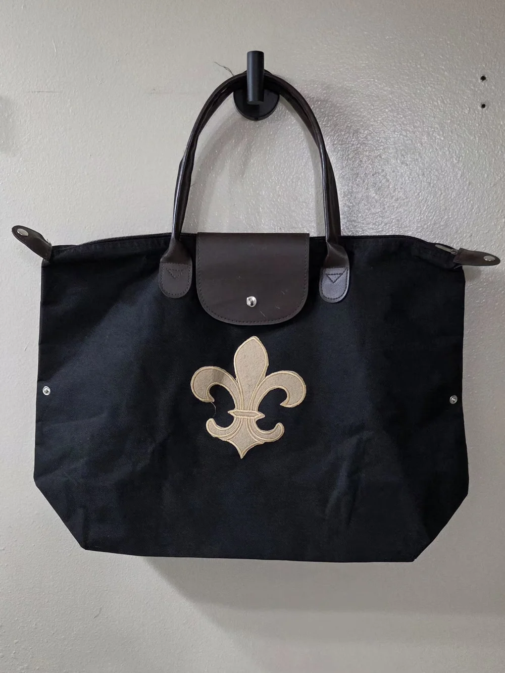 Black Tote Bag with Gold Fleur-de-Lis Accent